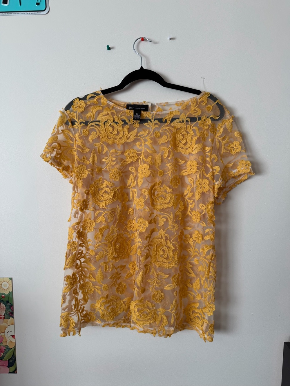 INC International Concepts Yellow Floral Lace Short Sleeve Blouse